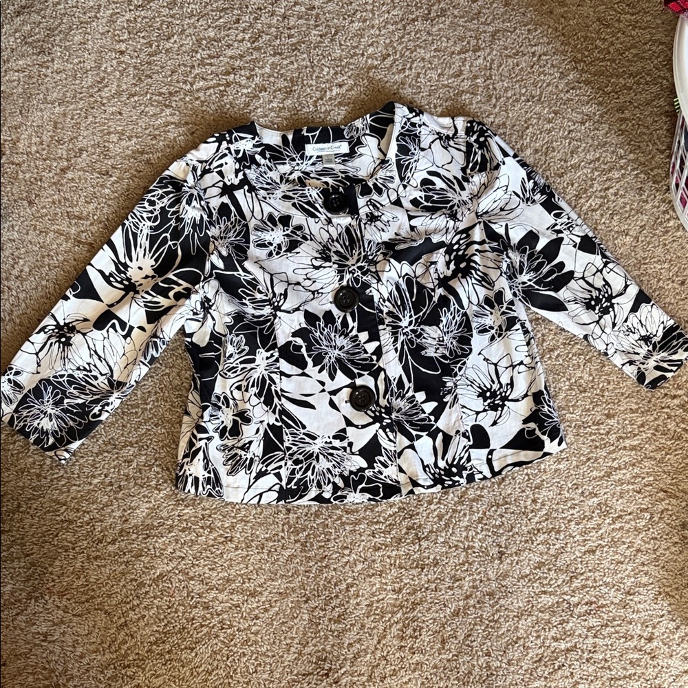 Coldwater Creek Black and White Floral Button Down 3/4 Suit Jacket Size Large
